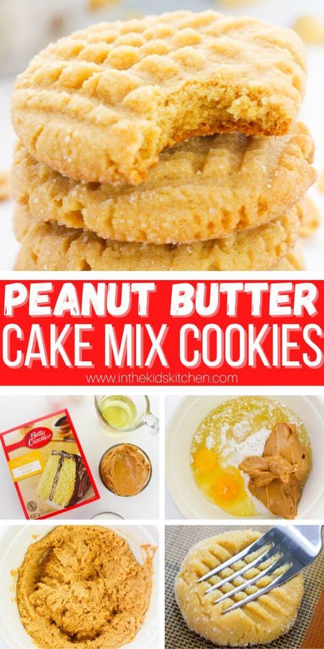 peanut butter cake mix cookies Pinterest collage image. Cake Mix Peanut Butter Cookies, Peanut Butter Cake Mix Cookies, Funfetti Cake Mix Recipes, Butter Cake Cookies, Homemade Peanut Butter Cookies, Cake Box Cookies, Healthy Peanut Butter Cookies, Sugar Cookie Cakes, Easy Peanut Butter Cookies