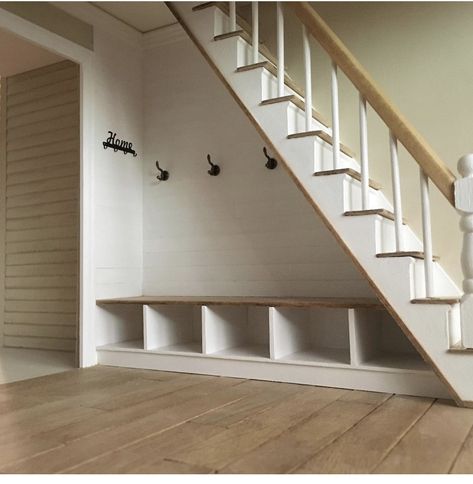 Understairs Entryway Ideas, Hallway Storage Under Stairs, Coat Hanging Ideas Under Stairs, Passage Under Staircase, Stair Cubby Ideas, Under Stair Boot Room, Under The Stairs Open Space, Under Open Stairs Ideas Entryway, Mudroom Ideas Entryway Under Stairs