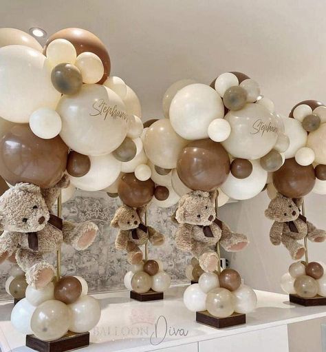 Boho Bear Centerpiece, Shades Of Brown Baby Shower Decor, Bear Decorations Party, February Baby Showers, Teddy Bear Baby Shower Theme, Gender Reveal Baby Shower Themes, Classy Baby Shower, Bear Baby Shower Theme, Baby Shower Souvenirs