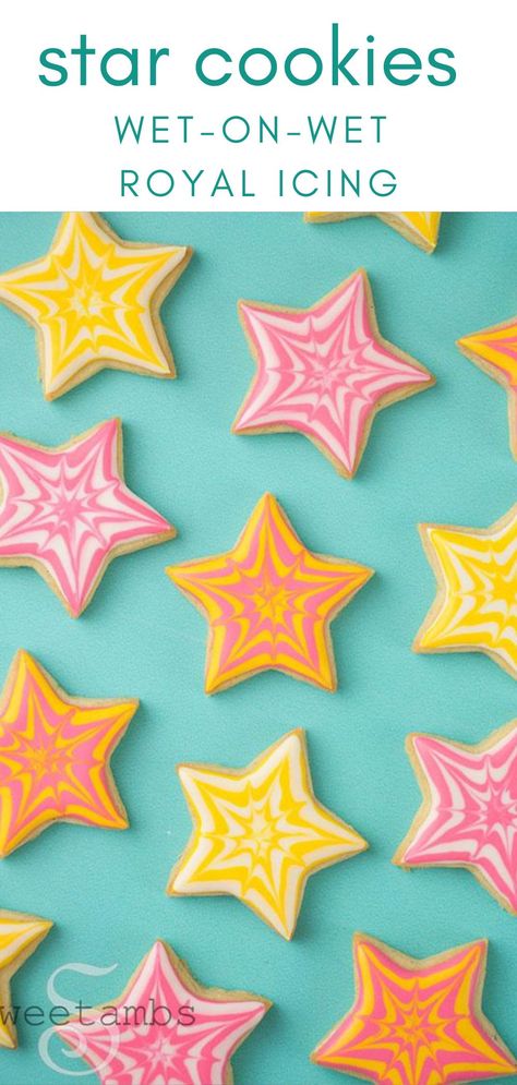 Here’s a simple and fun technique to decorate wet-on-wet royal icing star cookies. The shape I used is a 2-1/4″ plastic star cutter that came from my daughter’s play dough tools  Watch the video tutorial and get the supply list below! #sweetambs #cookies #wetonwet #royalicing Star Shape Cookies Decorated, Cookie Frosting Techniques, Sugar Cookie Stars Decorated, Star Iced Cookies, Star Shaped Cookies Decorated, Star Decorated Sugar Cookies, Star Cutout Cookies, Decorating Star Cookies, Wet On Wet Royal Icing Technique