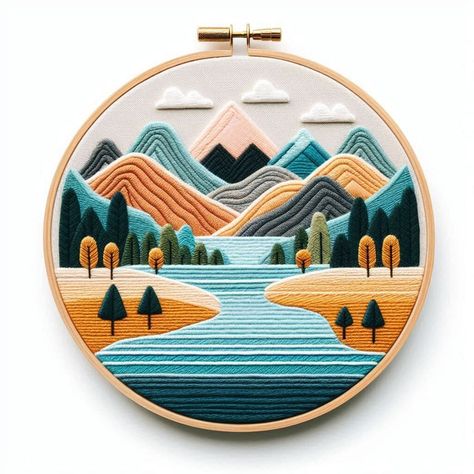 Spain Embroidery, Embroidery Landscape Easy, Outdoor Embroidery, Mountain Range Embroidery, Mountain Landscape Embroidery, Mountain Scape Embroidery, Embroidered Mountain Scene, Forest Embroidery, Embroidery Landscape