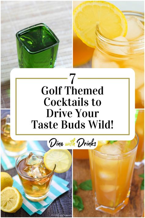 Collage of 4 golf themed cocktails. Masters Golf Cocktails, Golf Theme Cocktail, Golf Course Event Ideas, Golf Drinks Alcohol, Master Golf Party Ideas, Golf Party Drink Ideas, Golf Shots Alcohol, Golf Course Cocktails, Golf Theme Drinks