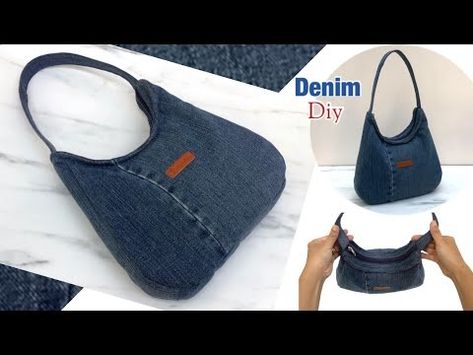 sewing diy a denim shoulder bag with zipper tutorial, how to sew shoulder bag with zipper tutorial. - YouTube Handbag From Old Jeans, Old Jeans Purse, Jeans Diy Bags Ideas, Denim Reuse Ideas, Denim Purse Patterns Free, Reuse Of Old Jeans, How To Make A Jeans Bag, Bags Tutorial Pattern, Simple Bag Design