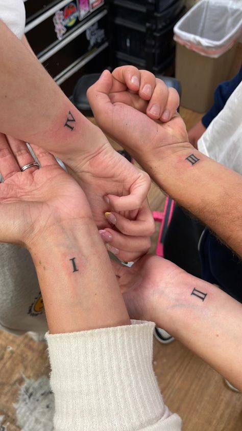 Birth order Roman numerals matching sibling tattoo Family Of 4 Matching Tattoos, Sibling Roman Numeral Tattoo, Tattoo Ideas Siblings Four, Family Roman Numeral Tattoo, Roman Numeral Tattoo Matching, Sibling Tattoos Roman Numerals, Roman Numeral Sibling Tattoo For 3, 4 Matching Tattoos Friends, Matching Tattoos 4 Friends