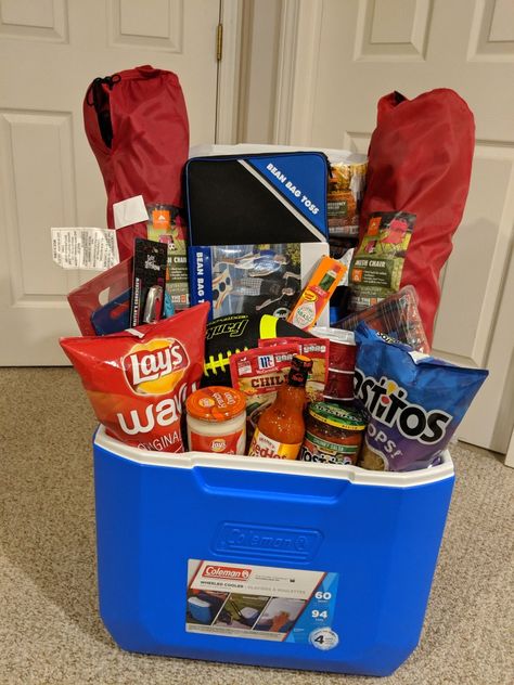 Fiesta Gift Baskets, Tailgate Basket Raffle, Baseball Raffle Gift Basket Ideas, Cooler Fundraiser Basket, Guys Raffle Basket Ideas, Sports Raffle Basket Ideas Fundraising, Cooler Bag Gift Basket, Jack And Jill Basket Raffle Ideas, Patio Gift Basket Ideas