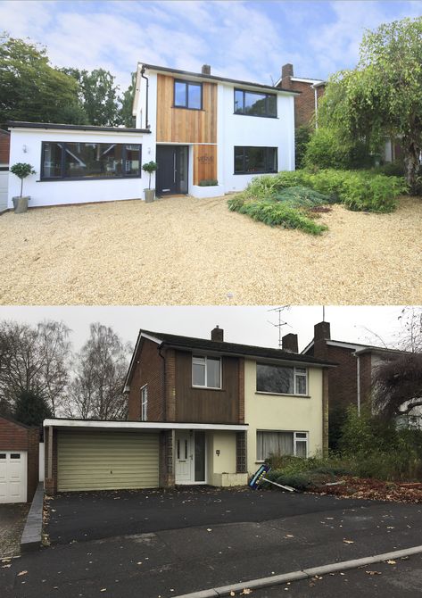 Facelift and full refurb of 1960’s detached house in Southampton. Garage conversion, full render, new windows in RAL7016, cladded in red cedar. 1970s House Remodel, 1970s House Renovation, 70s House Exterior, 1960s House Renovation, Rendered Houses, 1970s House, Exterior House Renovation, 1960s House, House Makeovers