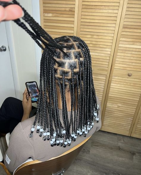 Braids With Black And White Beads, Box Braids With Curly Ends And Beads, Black Hair Hairstyles Braids, Hairstyles With Braiding Hair For Black Women, Short Braids For School, Beads Hairstyles Black Women, Hairstyles For School Black Girls Braids, Plaits Box Braids Natural Hair, Braided Hairstyles For Black Women Beads