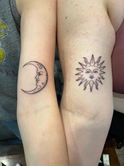 tattoos dainty sun and moon matching Tattoos Sun And Moon Matching, Sun And Moon Tattoo Both Arms, Tattoos That Line Up Together, Moon And Sun Face Tattoo, Linework Sun And Moon Tattoo, Line Work Matching Tattoos, Sun And Moon Tattoo Faces, Moon Tattoo Sleeve Ideas, Sun And Moon Tattoos Seperate