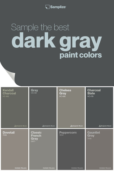 Sample the best dark gray paint colors with Samplize to enhance your living space effortlessly! Pewter Grey Paint, Dark Gray Sherwin Williams Paint, Charcoal Gray Paint Colors, Dark Greige Paint Colors, Colors That Compliment Gray, Slate Gray Paint, Dark Grey Color Scheme, Colors That Compliment Grey, Griege Paint