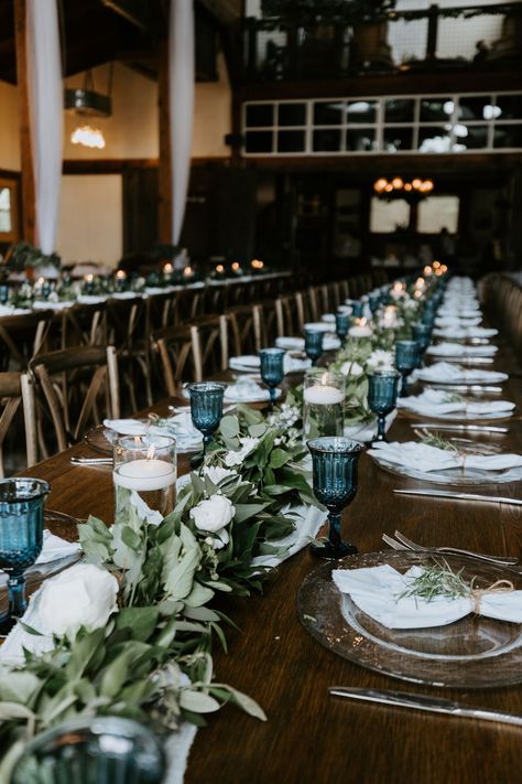 Navy Green Brown Wedding, Blue And Green Boho Wedding, Dark Blue Green Wedding Colors, Blue Woodsy Wedding, Dark Blue Dark Green Wedding, Wedding Decor Blue And Green, Jewel Tone Blue Wedding, Blue And Green Wedding Table Settings, Wedding Blue And Green Theme