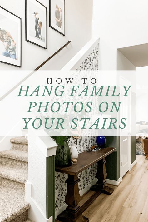 How to hang your family photos on the staircase - tips and tricks. What To Hang On Staircase Wall, Gallery Wall Up Stairs Staircases, Staircase With Picture Frames, How To Arrange Photos On Stair Wall, Decor On Staircase Wall, Under Stairs Wall Decor, Entryway Stairway Ideas, Stairway Pictures Ideas, Photos Along Staircase