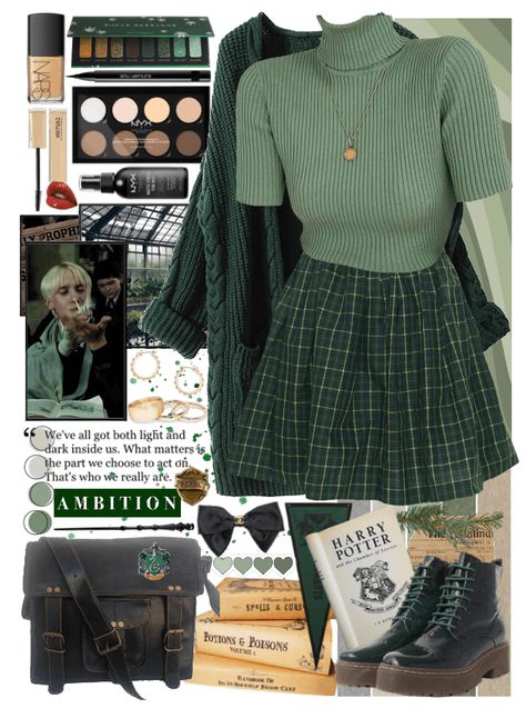 Hogwarts Academia Outfit, Solar Punk Aesthetic Outfits, Light Academia Green Outfits, Dark Green Outfits Aesthetic, Forest Green Clothes Aesthetic, Slytherin Themed Outfits, Frog Core Outfit, Academia Casual Outfits, Slytherin Academia Outfit