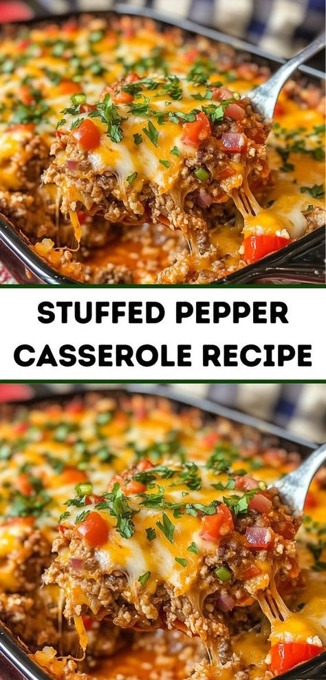 Need dinner ideas easy? This Stuffed Pepper Casserole Recipe is a must-try! A perfect choice for dinner recipes for family or dinner for two, combining stuffed peppers beef in a simple, delicious casserole. Rice And Tomatoes, Easy Stuffed Pepper Recipe, Stuffed Peppers Beef, Pepper Casserole, Easy Stuffed Peppers, Ground Beef Rice, Stuffed Pepper Casserole, Ground Beef Casserole Recipes, Beef Rice