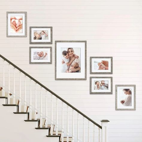 Gallery Stairs Wall, Top Of Stairs Photo Wall, Upstairs Photo Wall, Engagement Picture Wall Decor, Picture Frames On The Stair Wall, Stairway Decorating Pictures Family Wall Upstairs Hallway, Photo Wall Collage Up The Stairs, Stairwell Picture Display, Small Staircase Gallery Wall