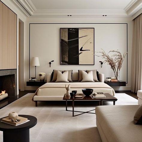 Wind The Key | A home tour of a contemporary luxury London townhouse in cream and black tones. A beautiful mix of understated and bold features. We'll… | Instagram Transitional Luxury Bedroom, Stone And Black Bedroom, Contemporary Japandi Interiors, Contemporary Design Bedroom, Rugs In The Bedroom, Cream Brown Black Bedroom, Grey White And Cream Bedroom, Black Bed Bedding, Black And Cream Interior Design