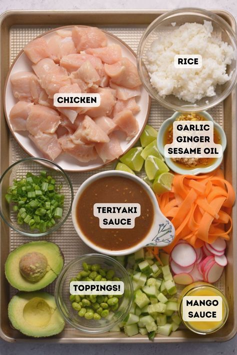 20-minute Teriyaki Chicken Poke Bowl Recipe - Joy to the Food Sushi Bowl With Chicken, Teriyaki Chicken Poke Bowl, Smoked Salmon Poke Bowl Recipe, Chicken Poke Bowl Ideas, Cooked Poke Bowl, Chicken Terriaki Chicken Bowl, Poke Bowl Recipe Chicken, At Home Poke Bowl, Poke Bowl Chicken