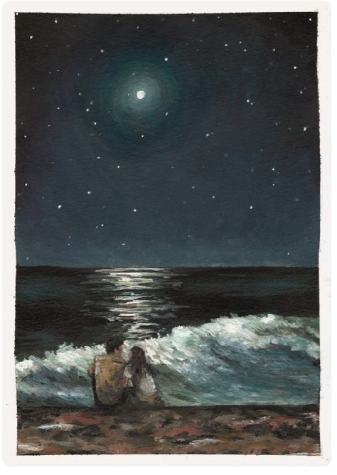 A copy, Marianna Foster The Ocean. Painting of beach and ocean at night. Aesthetic Night Drawing, Landscape Ocean Painting, Painting Ideas On Canvas Night, Beach At Night Tattoo, Beach Painting Aesthetic, Beach Drawing Aesthetic, Moon And Ocean Drawing, Beach Painting Night, Night Watercolor Paintings