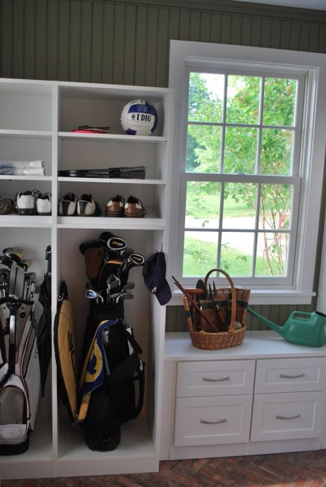 Golf Equipment Storage, Basement Addition, Golf Storage, Sports Equipment Storage, Mudroom Storage, Mudroom Remodel, Garage Storage Inspiration, Golf Room, Gear Room