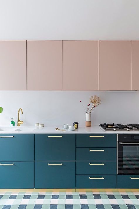 pale pink upper cabinets with teal color lower cabinets and white countertop Pink And Teal Kitchen Decor, Lower Cabinets Only Kitchen, Teal And Pink Kitchen, Eames Kitchen, Pale Pink Kitchen, Pop Of Color Kitchen, Lower Cabinets, White Countertop, Teal Kitchen