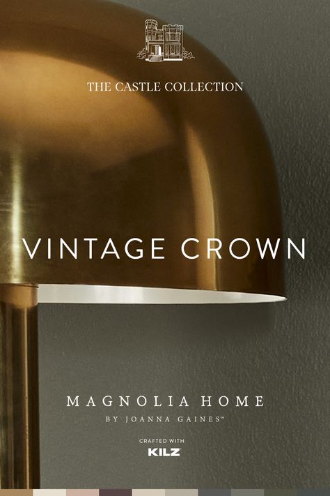 An elegant, muted gold. Inspired by the Magnolia Castle Restoration project, this is one of ten curated colors that have been special designed with a simple style for all our interior and exterior spaces. Magnolia Castle Paint, The Castle Collection Magnolia Home, Castle Collection Paint, Magnolia Castle, Magnolia Home Paint, Boho Paint Colors, Den Makeover, Gold Paint Colors, Kingston House