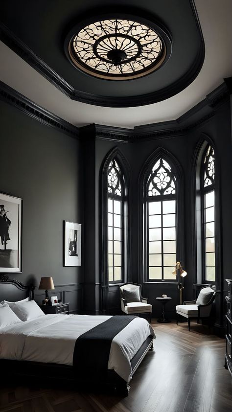 Gothic Luxury Bedroom, Gothic Contemporary Interior, Greyscale Interior Design, Gothic French Country, Gothic Inspired Bedroom, Gothic House Modern, Medieval Home Aesthetic, Modern Gothic Home Interiors, Modern Gothic House Interior