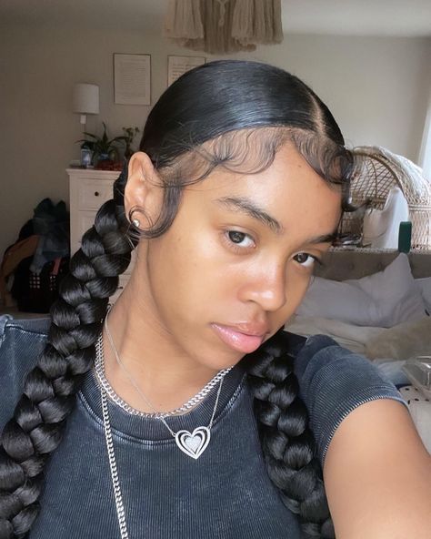 Black Hairstyles Two Braids, Double Dutch Hairstyles, Simple 2 Braids Hairstyles, Two Large Braids Black Women, Slick Back Braided Pigtails, Cute Hairstyles Two Braids, One Hairstyles For Black Women, To Braided Ponytails, 2 Braids Slick Back