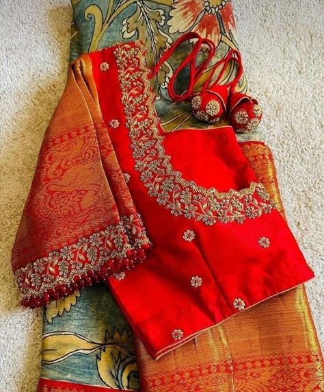 Red Saree Blouse Design, Traditional Blouse Designs Weddings, Blouse Designs For Bride, Red Blouse Designs, Gold Blouse Designs, Red Blouse Design, Basic Blouse Designs, Maggam Blouses, Blue Blouse Designs