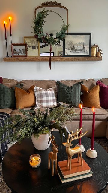 Cozy Xmas Living Rooms, Cozy Xmas Aesthetic, Christmas Living Room Couch, Holiday Tv Stand Decor, Transitional Holiday Decor, Cozy Fall Decor Aesthetic, Fall Home Decor Aesthetic, Minimal Christmas Decor Small Apartment, Adding Warmth To A Grey Room