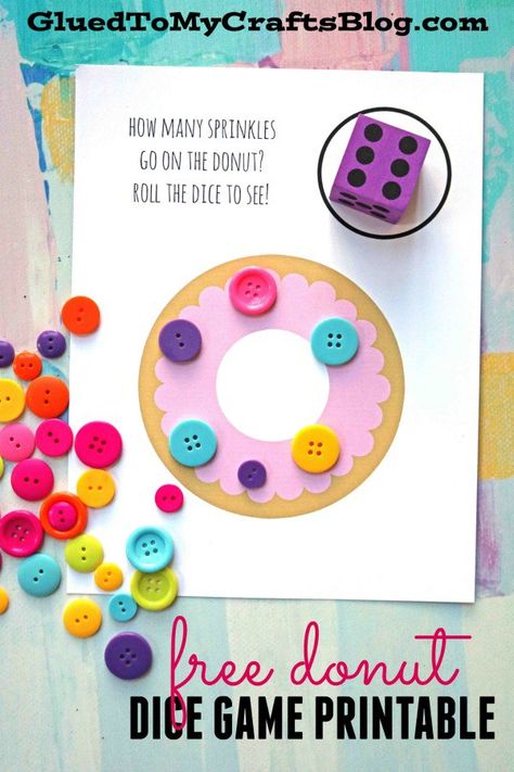 Donut Sprinkles Dice Game - Free Printable - Counting Game - Busy Bag Idea #gluedtomycrafts Donut Craft, Donut Sprinkle, Sprinkle Games, Learning Games For Preschoolers, Numeracy Activities, Math Activities Preschool, Preschool Games, Dice Games, Preschool Learning Activities