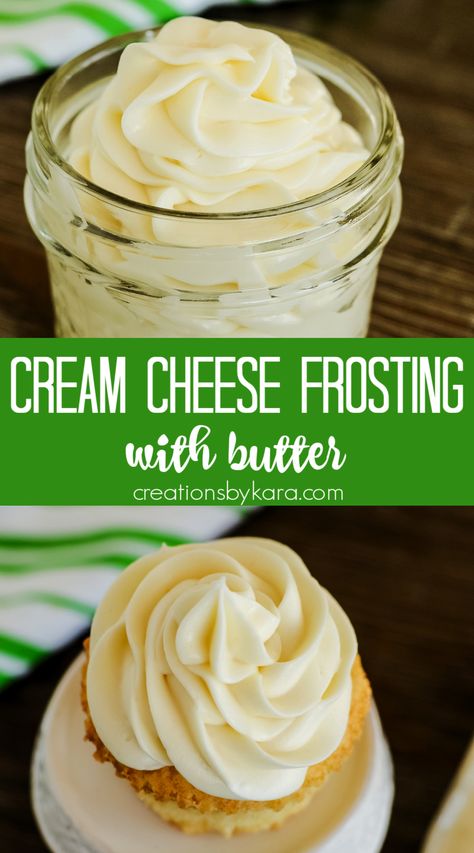 Sweet and slightly tangy, this homemade CREAM CHEESE FROSTING will bring all of your desserts to life! It's perfect for frosting cakes, cupcakes, cinnamon rolls, and more! #creamcheesefrosting @Creations by Kara Cream Cheese Buttercream Frosting, Cream Cheese Frosting Easy, Butter Cream Cheese Frosting, Cream Cheese Buttercream, Carrot Cake Cupcakes, Make Cream Cheese, Easy Cream, Cream Cheese Frosting Recipe, Cheese Frosting