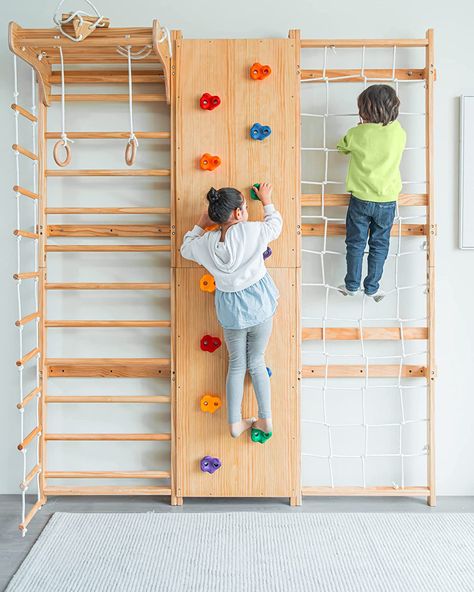 Indoor Wooden Swedish Ladder Wall Gym Set, Rock Climbing, Trapeze, Pullup Bars, Swing, Rope Climb, Net Climber, Convertible Slide Indoor Montessori Waldorf Playground Gymnasticsffor Kids, Teens and Adults. Wall Gym, Bar Ladder, Swedish Ladder, Energy Kids, Ideas Habitaciones, Kids Climbing, Indoor Gym, Rope Ladder, Jungle Gym