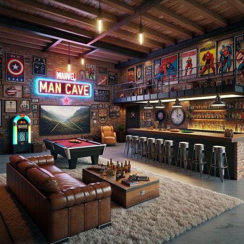 Small Sports Man Cave Ideas, Game Room In Garage, Garage Sports Cave, Mini Mancave Ideas, Perfect Game Room, Garage Bar With Pool Table, Underground Man Cave, Finished Garage Ideas Man Cave, 2 Car Garage Man Cave Ideas