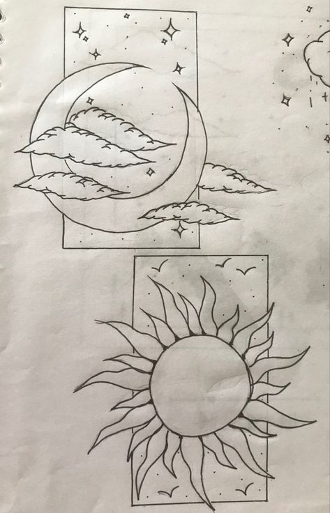 Simple Sun And Moon Drawing, Cool Sun And Moon Drawings, Simple Sun And Moon Painting, Sun And Moon Sketch Simple, Sun And Moon Doodle Art, Moon And Sun Sketch, Moon And Sun Drawing Simple, Half Sun Drawing, Sun And Clouds Painting