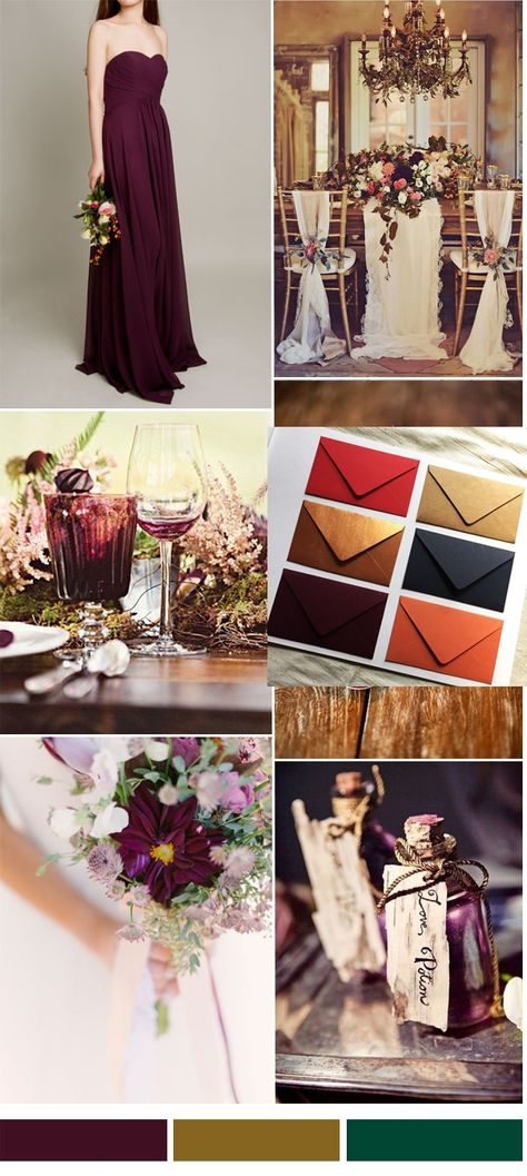 copper eggplant plum navy orange rust fall wedding color ideas Purple Bridesmaid Gowns, Aubergine Wedding, Wedding Color Schemes Winter, Purple And Gold Wedding, Wedding Color Combinations, Winter Bridesmaids, Gold Wedding Colors, Maroon Wedding, Bridesmaid Dresses Strapless