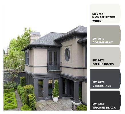 Paint colors from ColorSnap by Sherwin-Williams Modern Exterior Paint Colors, Exterior Gray Paint, Stucco Colors, Exterior House Colors Stucco, Best Exterior Paint, Outside Paint, Dark Trim, House Paint Color Combination, Color Combinations Paint