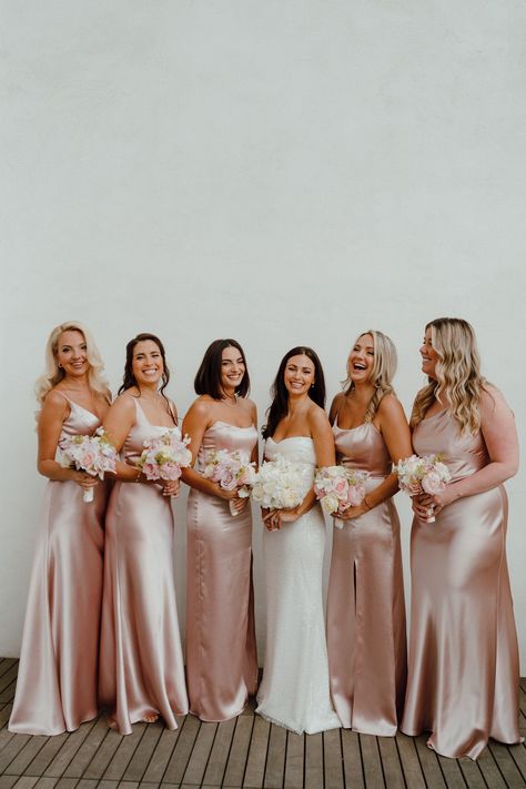 Bride with bridesmaids in pink satin dresses at the Adelphi Hotel Saratoga. Dusty Pink Satin Bridesmaid Dresses, Bridesmaid Rose Gold Dresses, Pink Bridesmaid Dresses Matching, Blush And Champagne Bridesmaid Dresses, Elegant Bridesmaid Dresses Pink, Champagne And Light Pink Wedding, Shades Of Champagne Bridesmaid Dresses, Beach Wedding Bridal Party Colors, Bridesmaid Dress Colors Summer