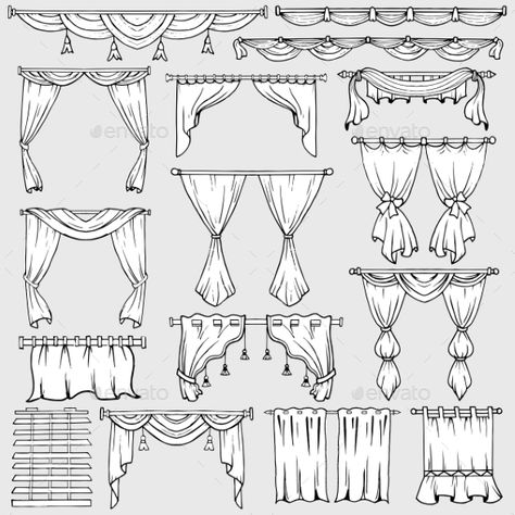 Curtains Window Shades and Drapery Icons Curtains Drawing Reference, Curtain Home Decor, Drawing Of Curtains, Architecture Drawing Window, Vintage Room Drawing, How To Paint Curtains, How To Draw A Curtain, Window With Curtains Drawing, Window Drawing Reference