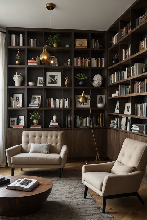 Transform your space into a sleek, modern chic home library with elegant clean lines and practical, stylish shelving. Ideal for book lovers wanting a refined and contemporary look.

#ModernLibrary #ChicInteriors #HomeLibraryDesign #SleekShelving #ContemporaryHome #InteriorDesign #BookLovers #MinimalistDecor Dark Wooden Bookshelf, Organic Modern Library, Dark Wood Built Ins, Den Inspiration Room Ideas, Modern Farmhouse Library, Dark Library Room, Dark Wood Bookshelves, Library Room Modern, Library Room Aesthetic