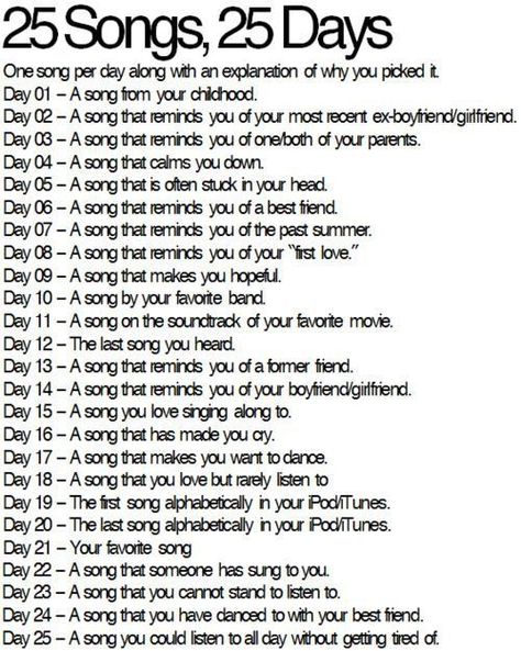 25 Songs 25 Days Challenge. I'll do this starting tomorrow! :D Writing Power, Budget List, 2025 Planner, Writing Samples, Song Notes, Song Challenge, Conversation Topics, Blog Challenge, Writing Challenge