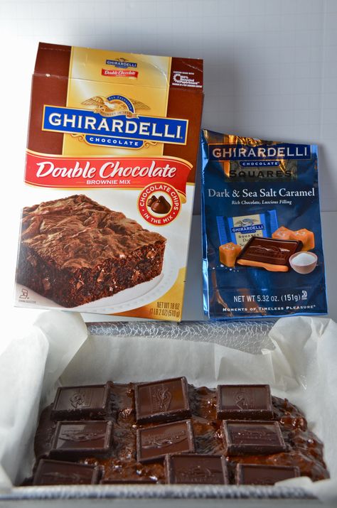 Short And Sweet. Salted Caramel Brownies. | I Sing In The Kitchen Boxed Brownie Recipes, Ghirardelli Brownie Mix, Brownie Mix Recipes, Double Chocolate Brownies, Salted Caramel Brownies, Box Brownies, Ghirardelli Chocolate, Caramel Brownies, Caramel Candy