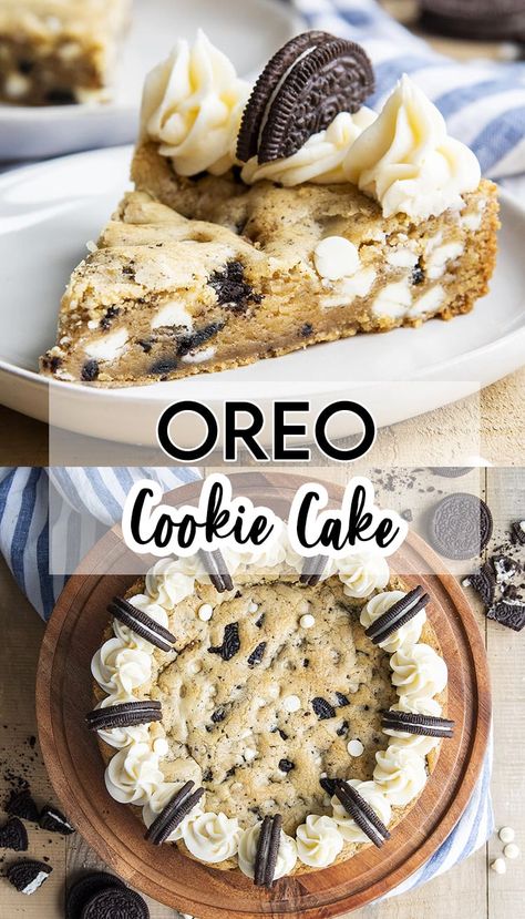 This Oreo Cookie Cake is a giant cookie that is loaded with Oreo pieces, and white chocolate chips, and topped with buttercream frosting. It's a fun chocolatey dessert that everyone loves. Giant Oreo Cookie Cake, Cookies And Cream Cookie Cake, Triple Layer Cookie Cake, Double Doozie Cookie Cake, Cookie Inspired Cake, Fluffy Cookie Cake, Birthday Treat Ideas For Work, Mini Cookie Cake Recipe, Round Cookie Cake