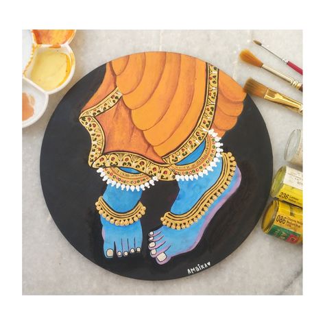 Krishna Charan Painting, Painting Ideas On Mdf Board, God Painting Indian Canvas, Paintings On Mdf Board, Indian God Paintings Canvases, Circle Mdf Board Painting, Lippan Art Krishna Painting, Acrylic Painting On Mdf Board, Circle Board Painting