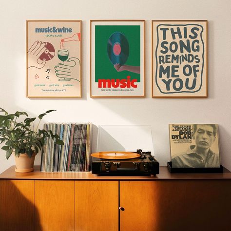 three prints that just belong with music fans 🎸🎧😎 #artprints #wallartprints #homedecor #retrodesign #gallerywallideas Midcentury Modern Pop Art, Midcentury Modern Wall Decor, Music Poster Wall Decor Room Ideas, Record Album Wall Art, Sandgrain Studio, Music Gallery Wall, Artistic Room Decor, Music Studio Art, Studio Decor Ideas