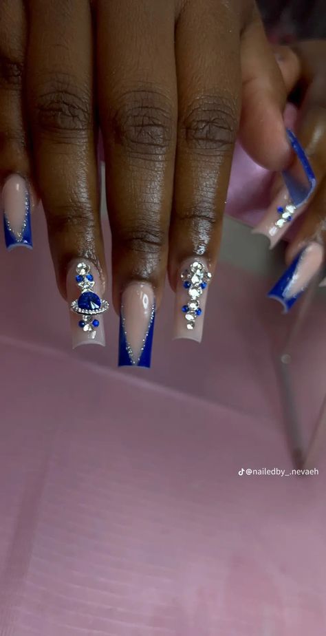 Graduation Blue Nails, Prom Nail Ideas Royal Blue, Royal Blue Acrylic Nails With Silver, Winter Nails Royal Blue, Navy Blue White And Silver Nails, Royal Blue Nails For Prom Glitter, Blue Nail Designs Medium Length, Royals Blue Nails, Royal Acrylic Nails