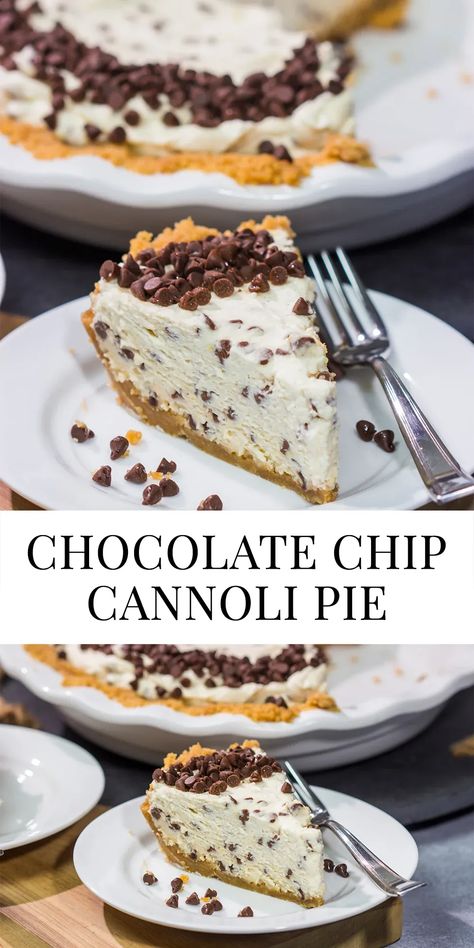 This Chocolate Chip Cannoli Pie features a creamy and delicious filling that will have everyone asking for the recipe! Cannoli Pie Recipe, Cannoli Pie, Chocolate Chip Cannoli, Cannoli Desserts, Italian Thanksgiving, Cannoli Cake, Chocolate Chip Pie, Cannoli Filling, Cannoli Recipe