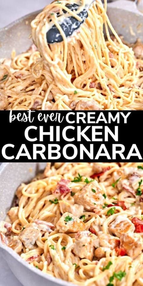 This Chicken Carbonara Pasta is the ultimate weeknight hero, featuring pan-seared chicken, crispy bacon, and a creamy Parmesan sauce. It’s restaurant-quality flavor you can make at home in just 30 minutes. Ultra-creamy and irresistibly good, this chicken pasta puts a new spin on traditional carbonara. Best Ever Chicken Carbonara, Best Chicken Carbonara, Chicken Bacon Parmesan Pasta, Chicken Bacon Carbonara Pasta Easy, Sunday Dinner Ideas Pasta, Chicken Carbonara Pasta Recipe, Creamy Chicken Carbonara Recipe, Creamy Bacon Carbonara Pasta, Best Chicken Carbonara Recipe