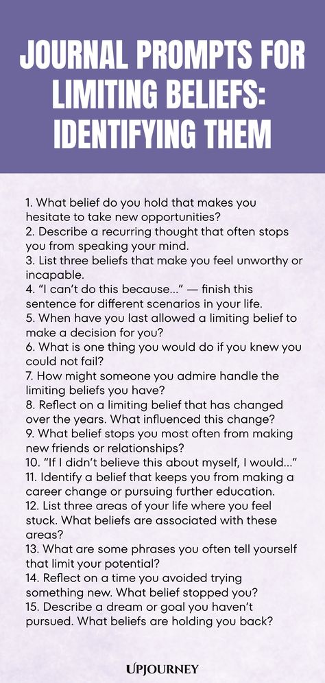 Explore powerful journal prompts designed to help you identify and overcome your limiting beliefs. Dive deep into self-discovery and unlock the barriers holding you back from reaching your full potential. Challenge your mindset with thought-provoking questions that will guide you towards a path of growth and self-awareness. Start transforming your thoughts today with these insightful journal prompts! Therapy Writing Prompts Journal Ideas, How To Reach Your Full Potential, Journal Prompts To Figure Out What You Want, Limiting Beliefs Examples, Limiting Beliefs Journal Prompts, Quick Journal Prompts, Self Awareness Journal Prompts, Mindset Questions, Self Limiting Beliefs