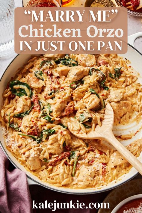 You can make this "Marry Me" Chicken Orzo in Just One Pan with my fantastic recipe! The first bite of this delicious meal will have anyone proposing to you on the spot because it’s truly that good. It also comes together quickly, so whether you’re making something for date night or need a quick weeknight meal, this recipe is divine! Carnivore Dinner, Marry Me Chicken, Dinner Pasta, Spring Food, Chicken Orzo, Sundried Tomato, Pan Meals, Health Dinner, Health Dinner Recipes