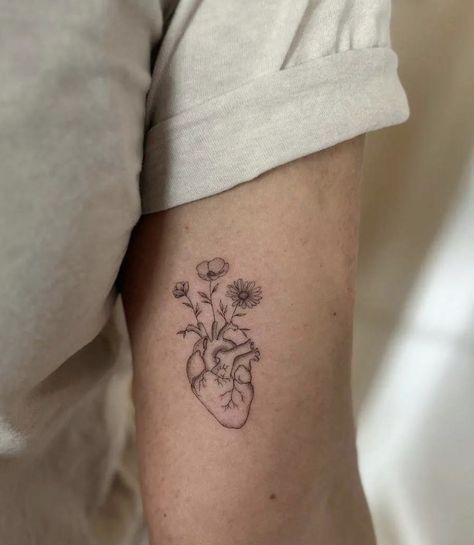 Heart Nurse Tattoo, Fine Line Anatomy Tattoo, Brain Heart Flower Tattoo, Floral Anatomical Heart Tattoo, Biological Heart Tattoo, Feminine Filler Tattoo Ideas, Heart With Birth Flowers Tattoo, Healthcare Worker Tattoo, Heart Of Flowers Tattoo