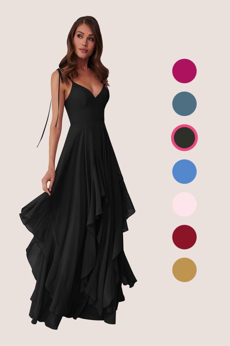 This flowy dress features double adjustable spaghetti straps with a bow tie at the shoulders, pockets, and a ruffled tier handkerchief cut skirt. Black Simple Bridesmaid Dresses, Black And White Bridesmaid Dresses, Moh Dress, Black Bridesmaid Dresses Long, Long Black Dress Formal, Black Bridesmaid Dress, Witch Wedding, Wedding Maids, Black Bridesmaid